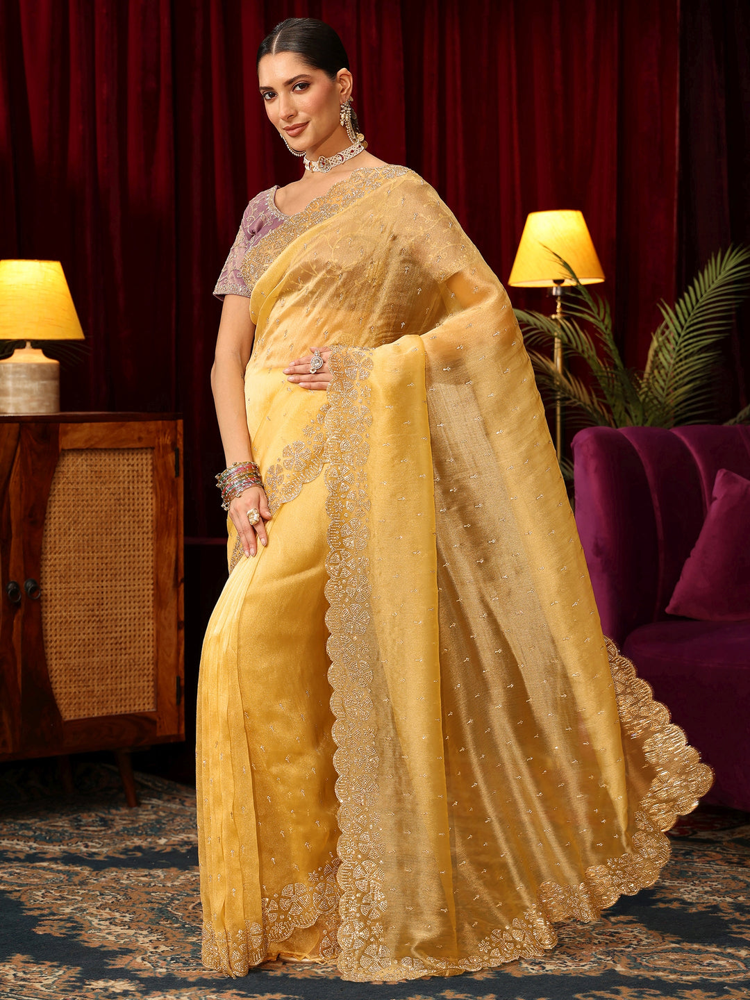  Libas Butter Yellow Embellished Tissue Saree with Scalloped Border 