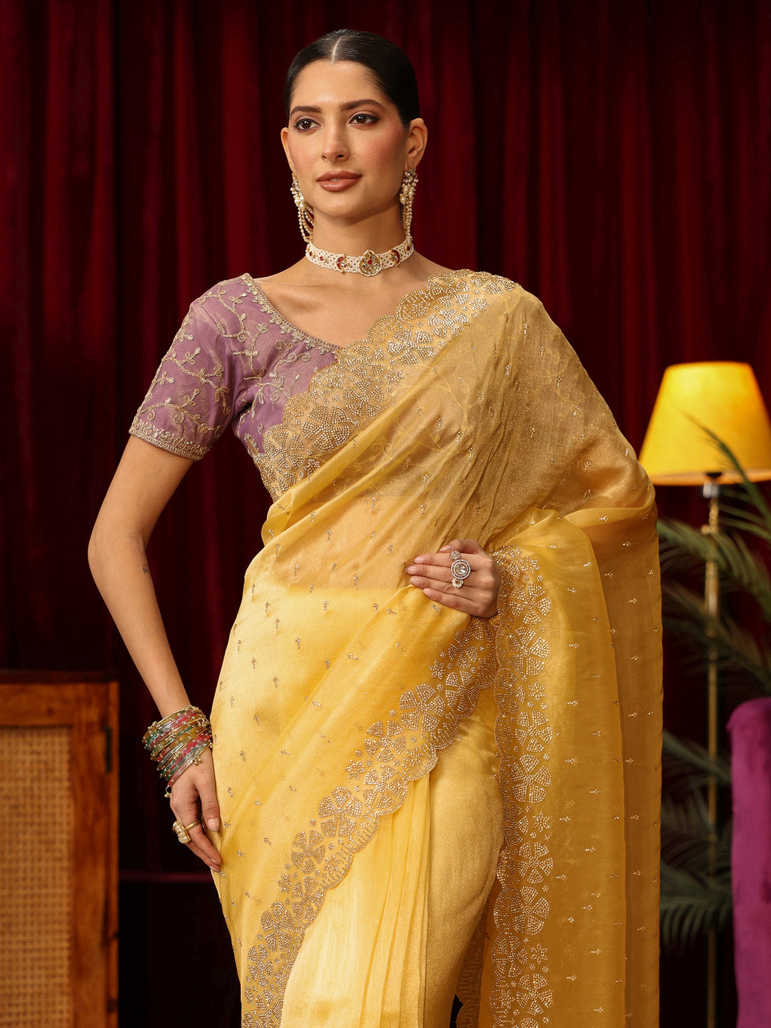  Libas Butter Yellow Embellished Tissue Saree with Scalloped Border 