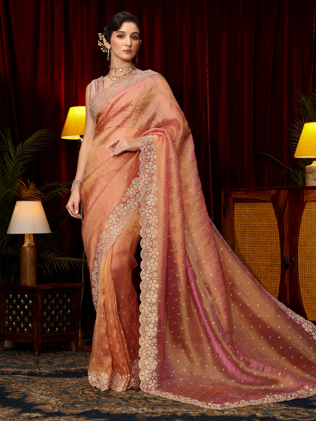  Libas Peach Pink Stone Work Embellished Tissue Saree 