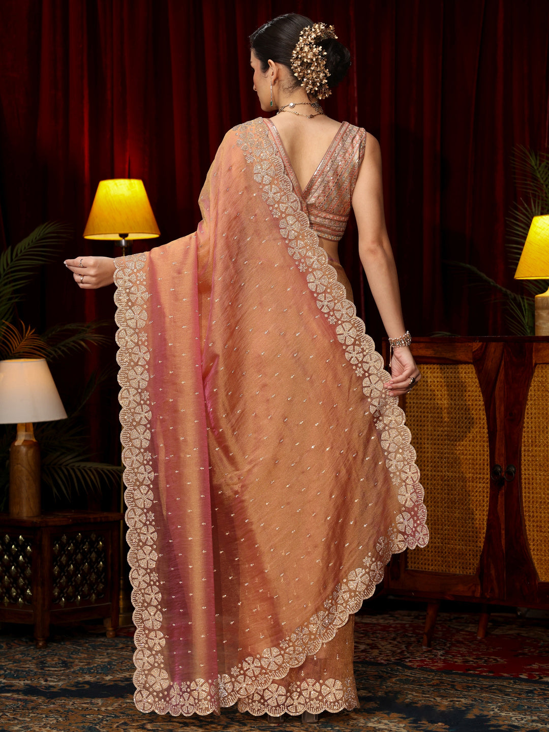  Libas Peach Pink Stone Work Embellished Tissue Saree 