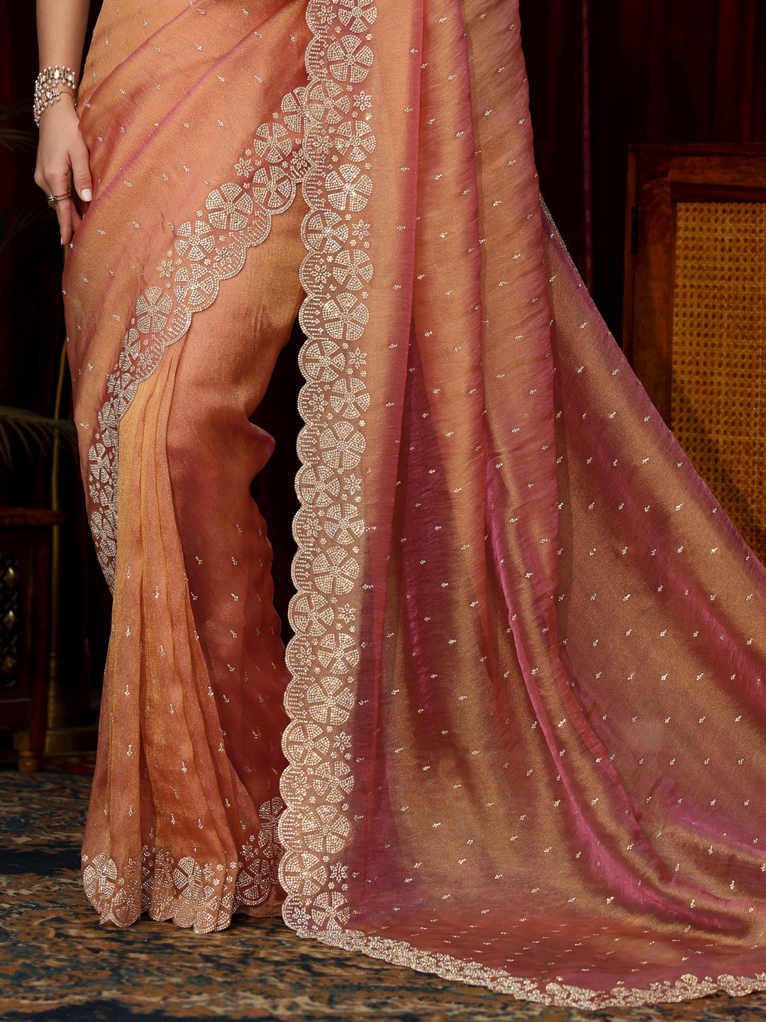  Libas Peach Pink Stone Work Embellished Tissue Saree 