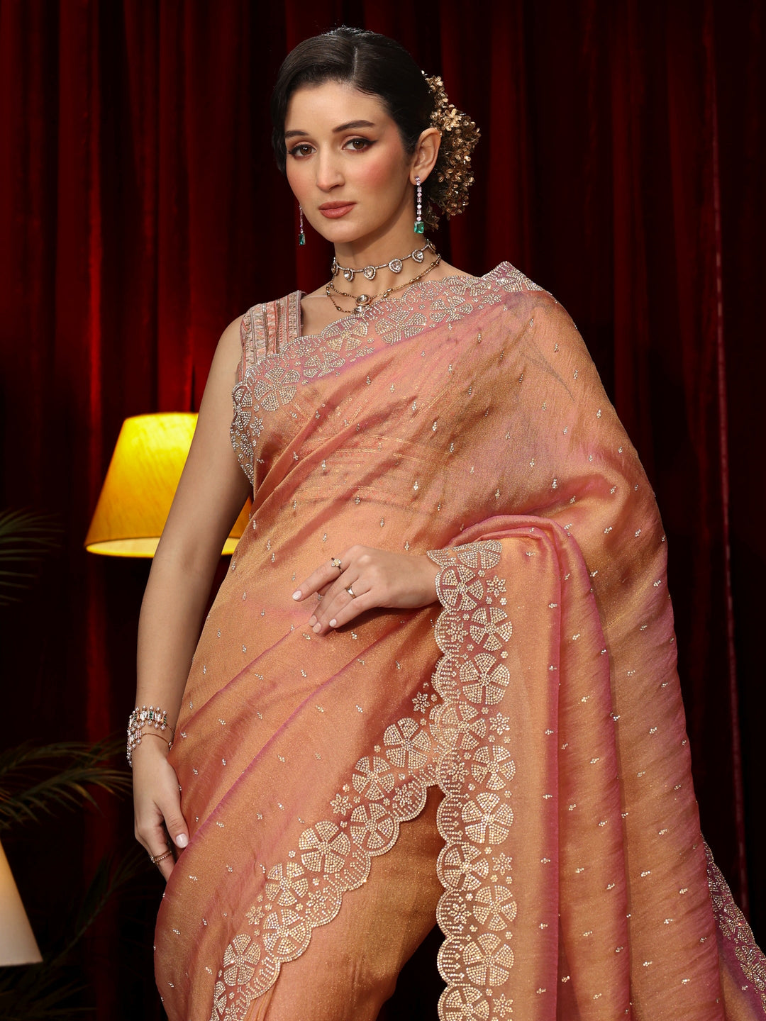  Libas Peach Pink Stone Work Embellished Tissue Saree 