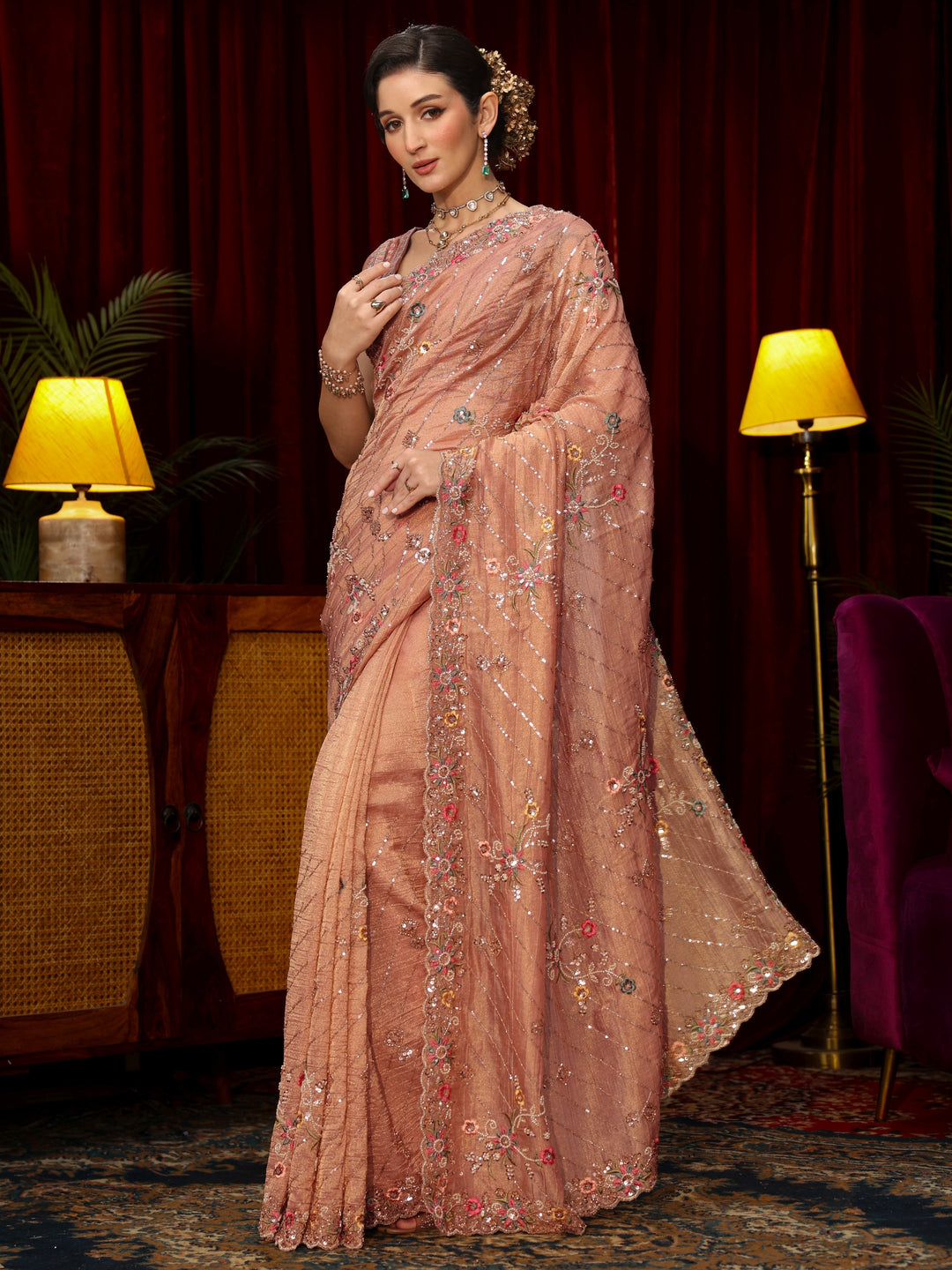  Libas Art Peach Pink Floral Sequin Embellished Tissue Saree 