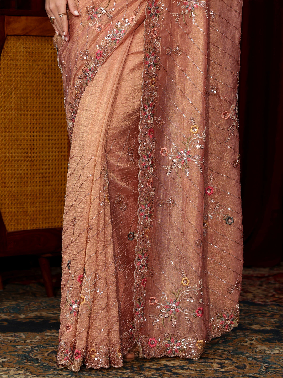  Libas Art Peach Pink Floral Sequin Embellished Tissue Saree 