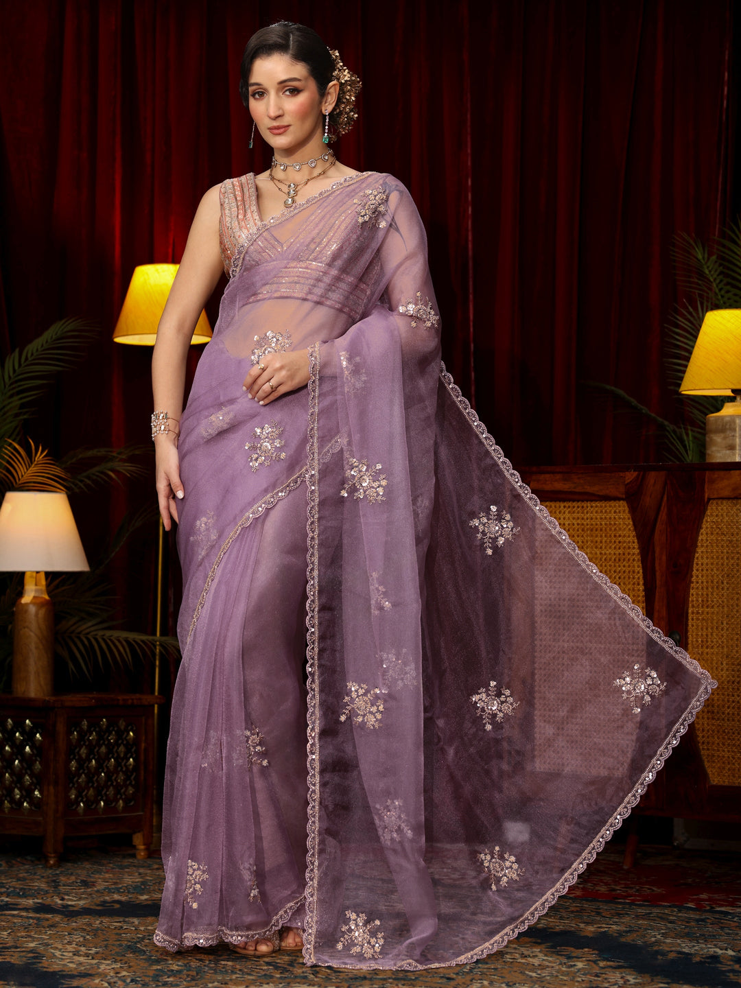  Libas Lavender Floral Sequin Embellished Tissue Saree 
