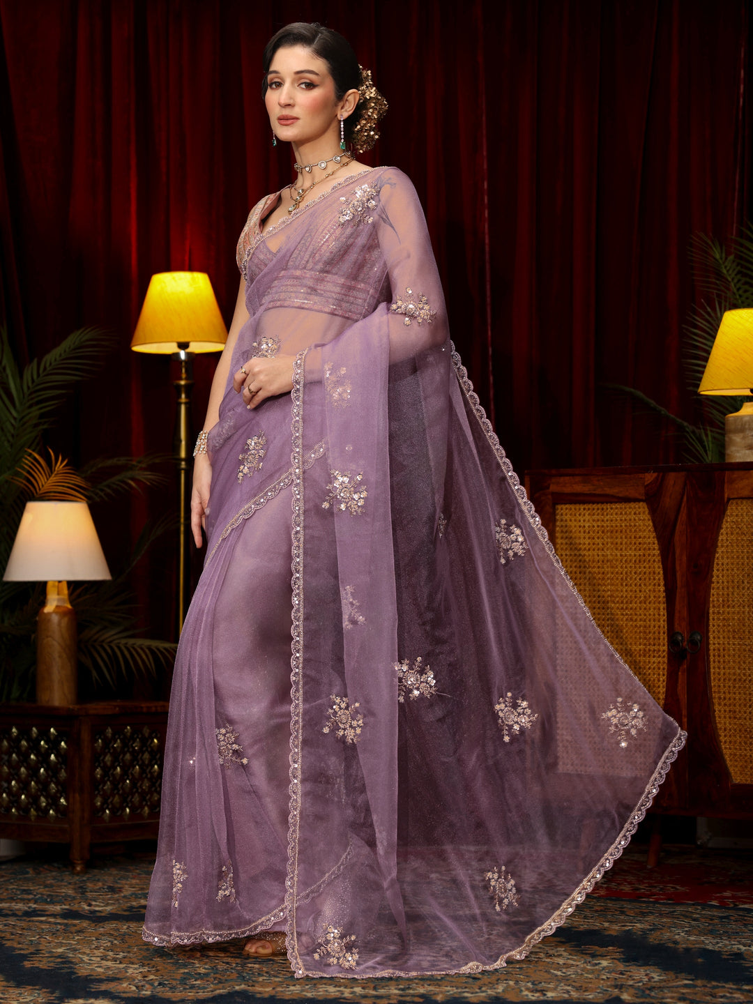  Libas Lavender Floral Sequin Embellished Tissue Saree 