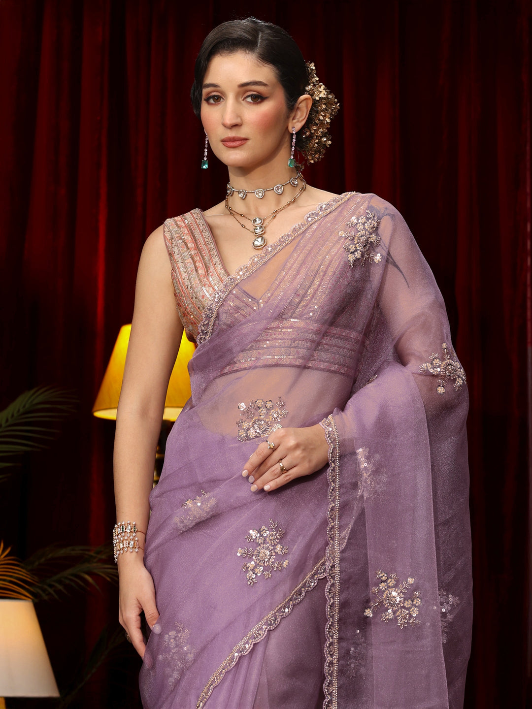 Libas Lavender Floral Sequin Embellished Tissue Saree 