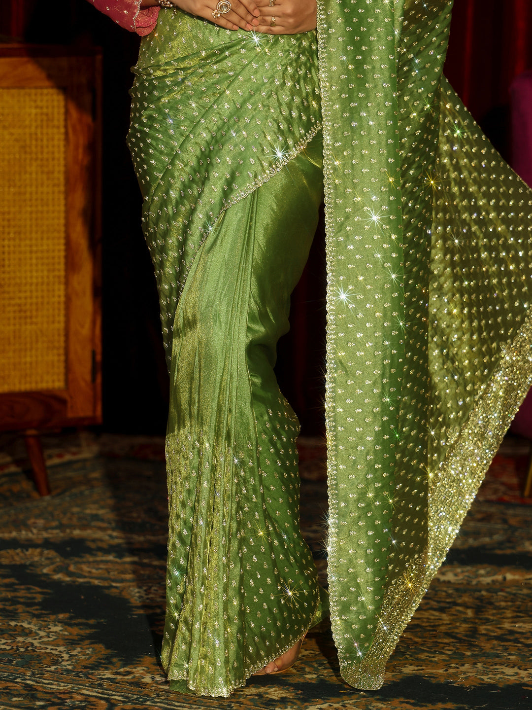  Libas Art Green Stone Work Embellished Tissue Saree 