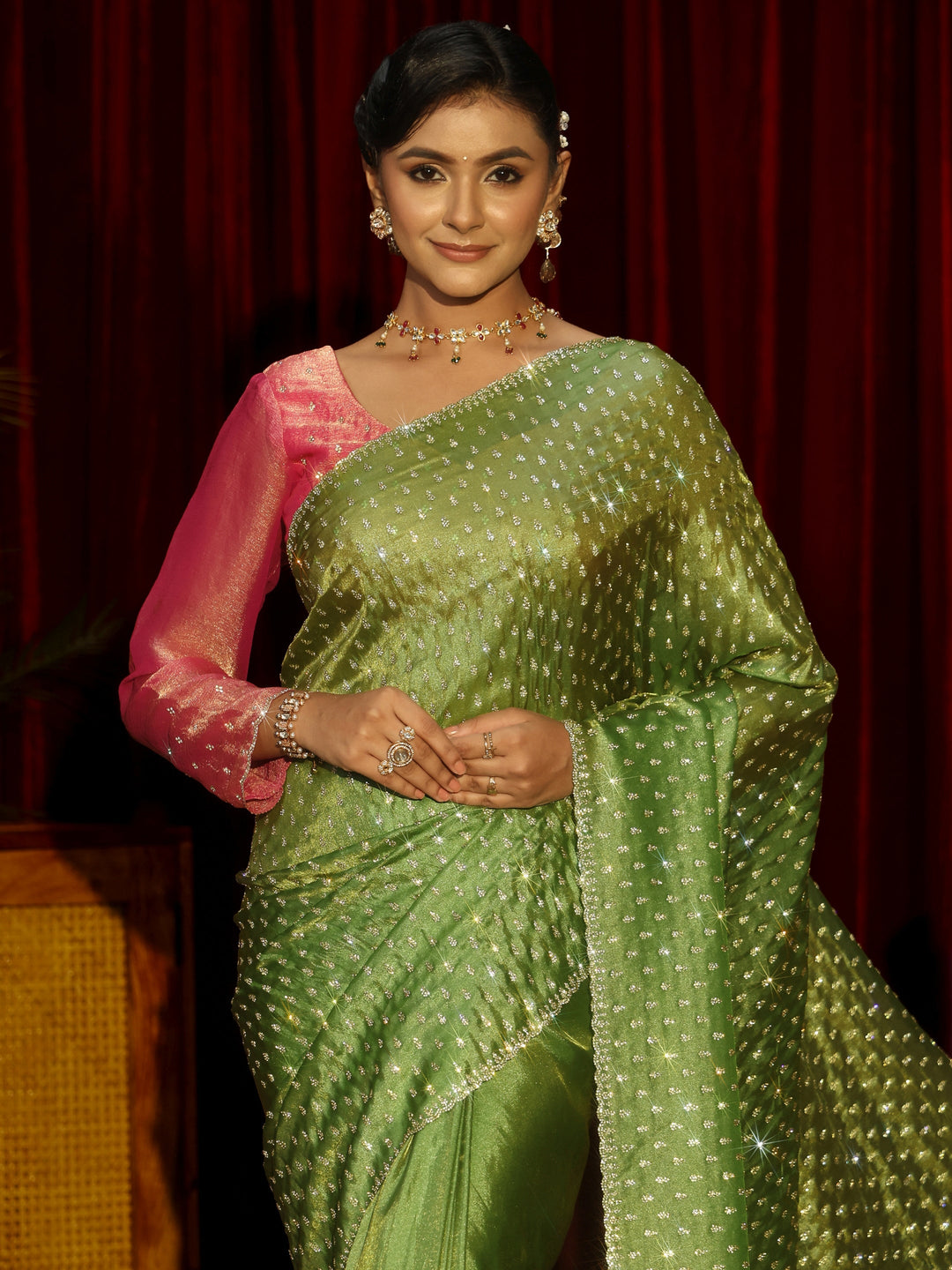  Libas Art Green Stone Work Embellished Tissue Saree 
