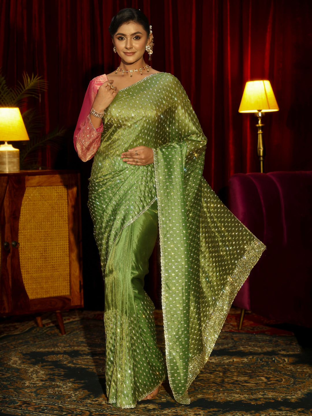  Libas Art Green Stone Work Embellished Tissue Saree 