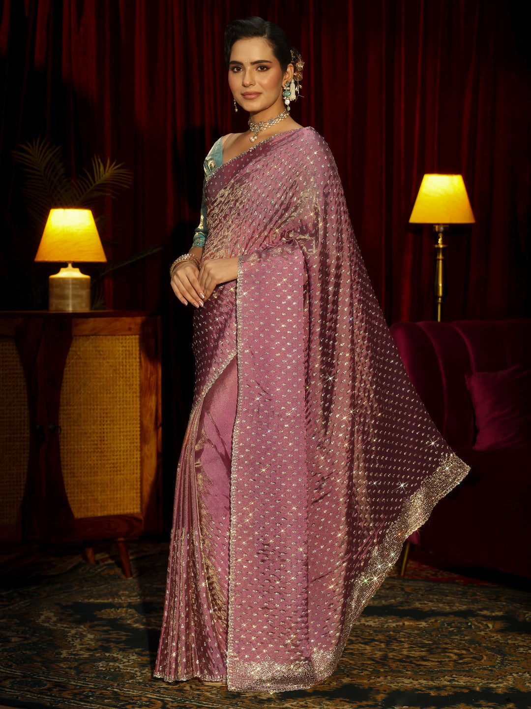  Libas Art Mauve Stone Work Embellished Tissue Saree 