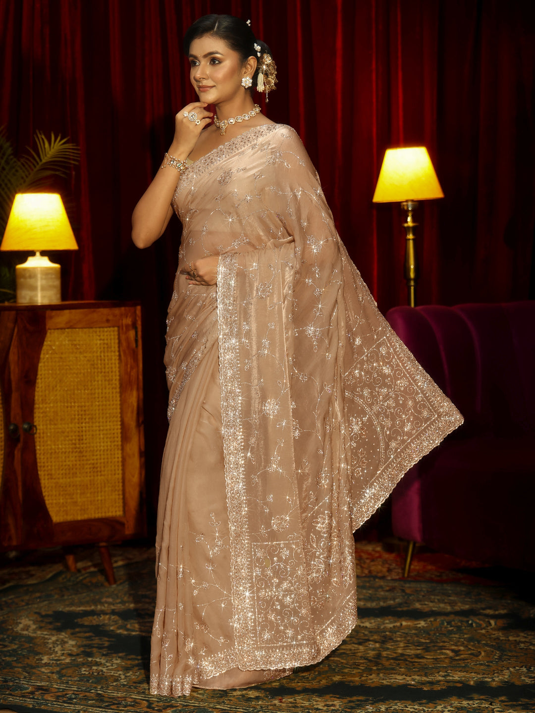  Libas Art Taupe Stone Work Embellished Tissue Saree 