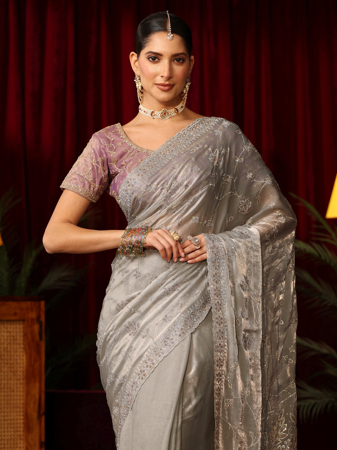  Libas Art Grey Floral Bead Embellished Tissue Saree 