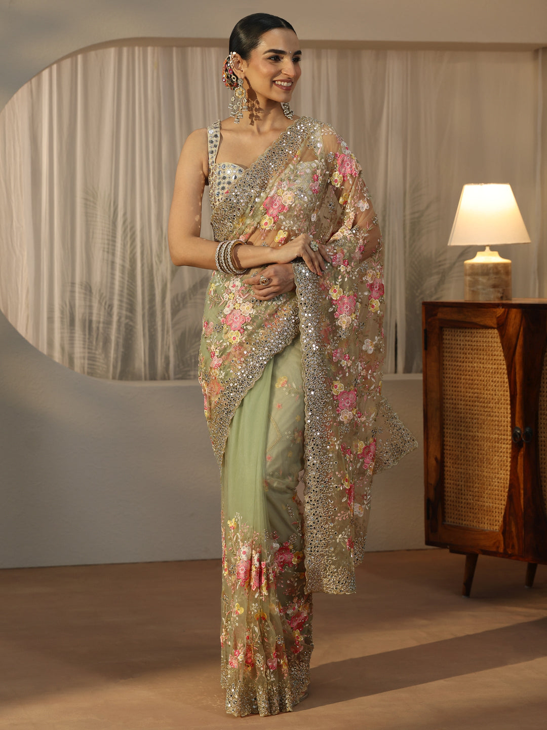  Libas Art Pista Green Floral Embellished Net Saree 