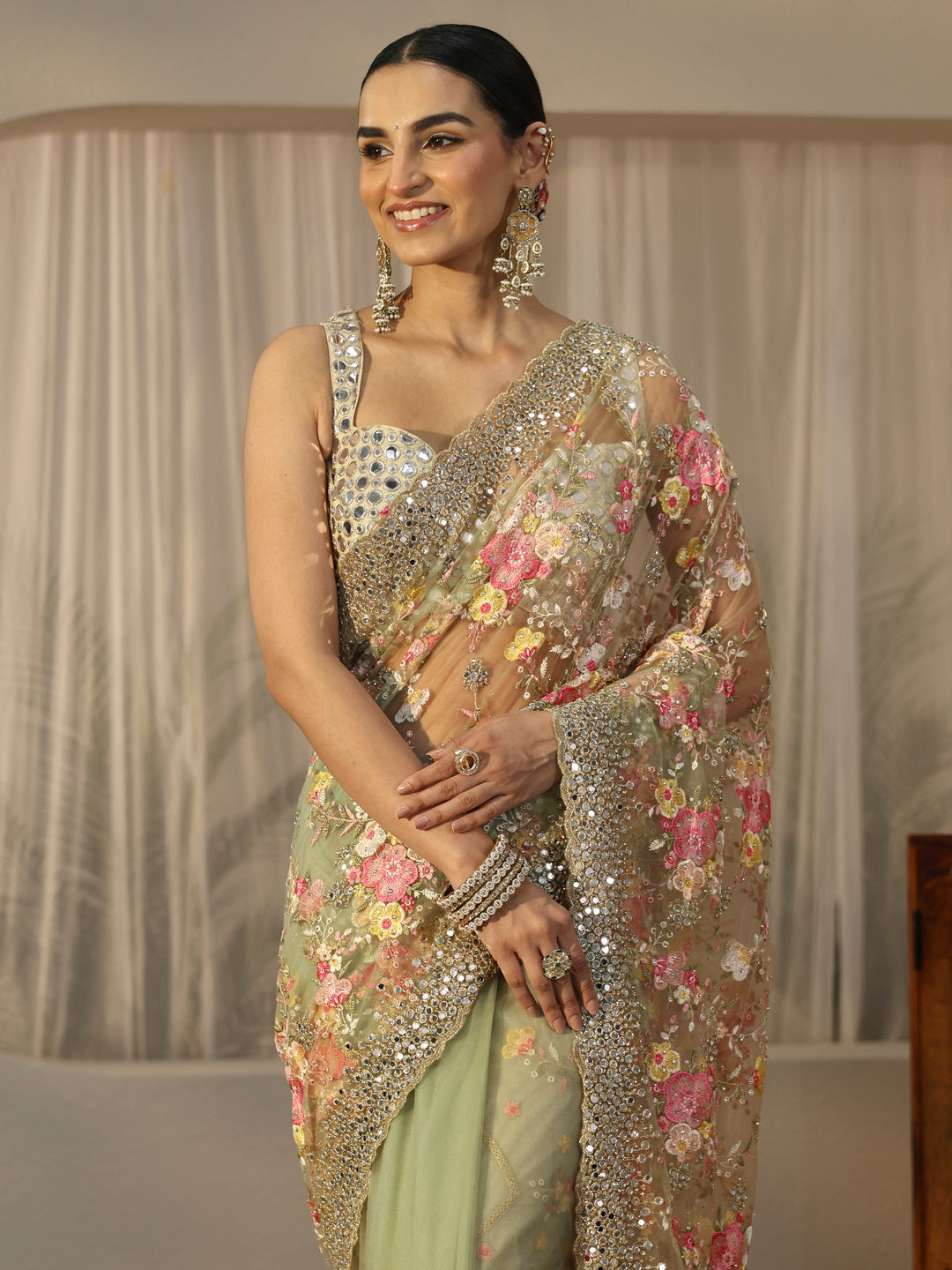  Libas Art Pista Green Floral Embellished Net Saree 