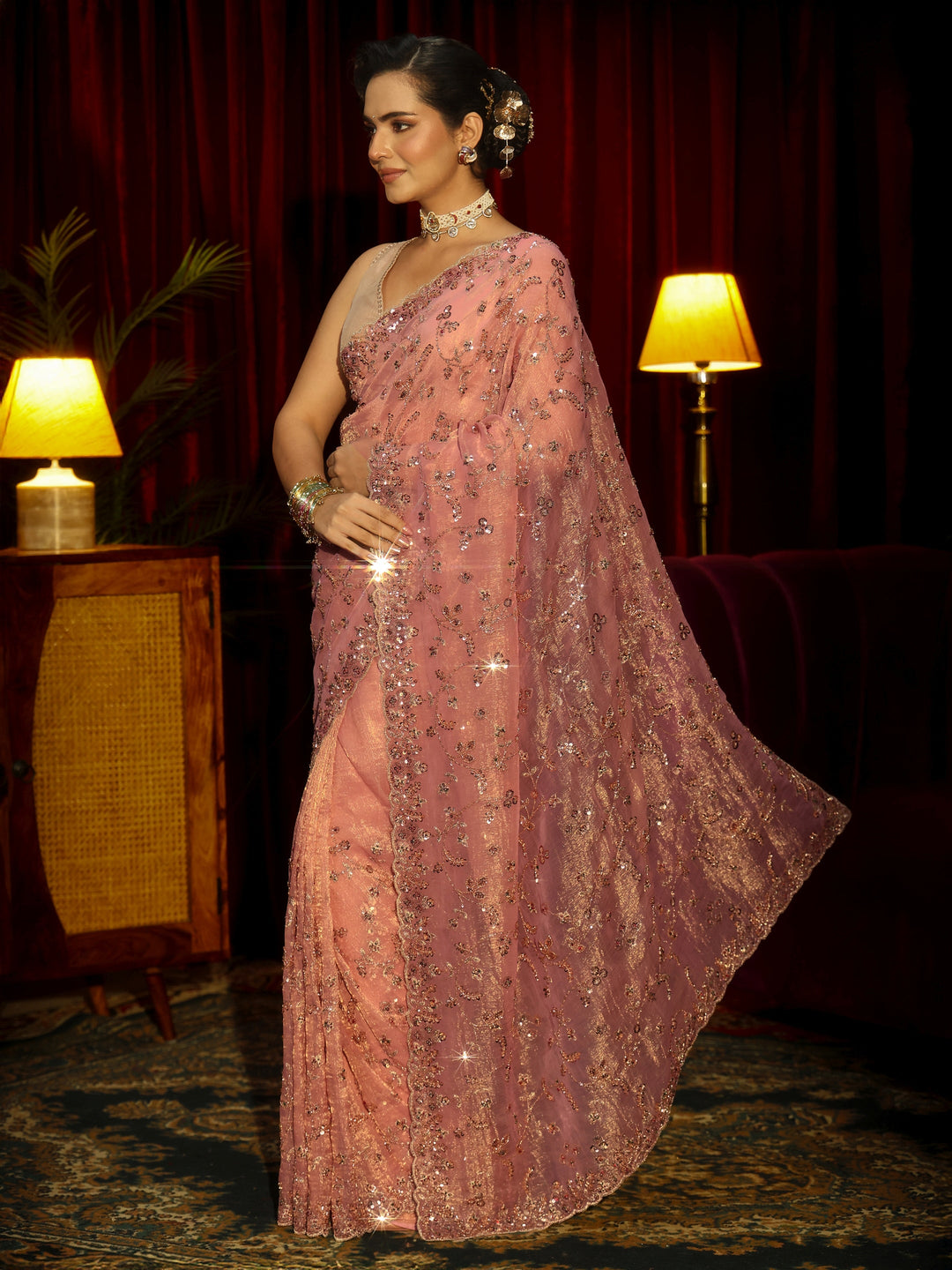  Libas Art Peach Pink Floral Embellished Tissue Saree 