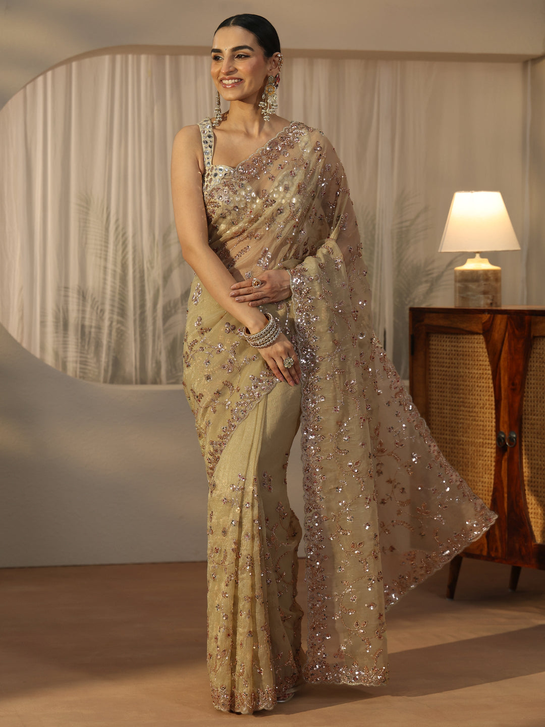  Libas Art Sage Green Sequin Embellished Tissue Saree 