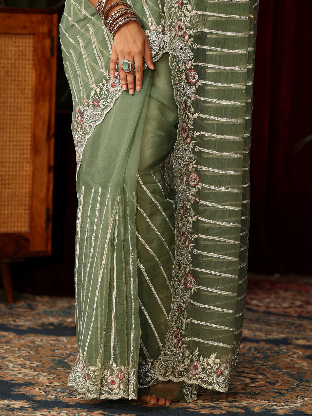  Libas Art Green Gota Striped Tissue Saree with Embroidered Border 