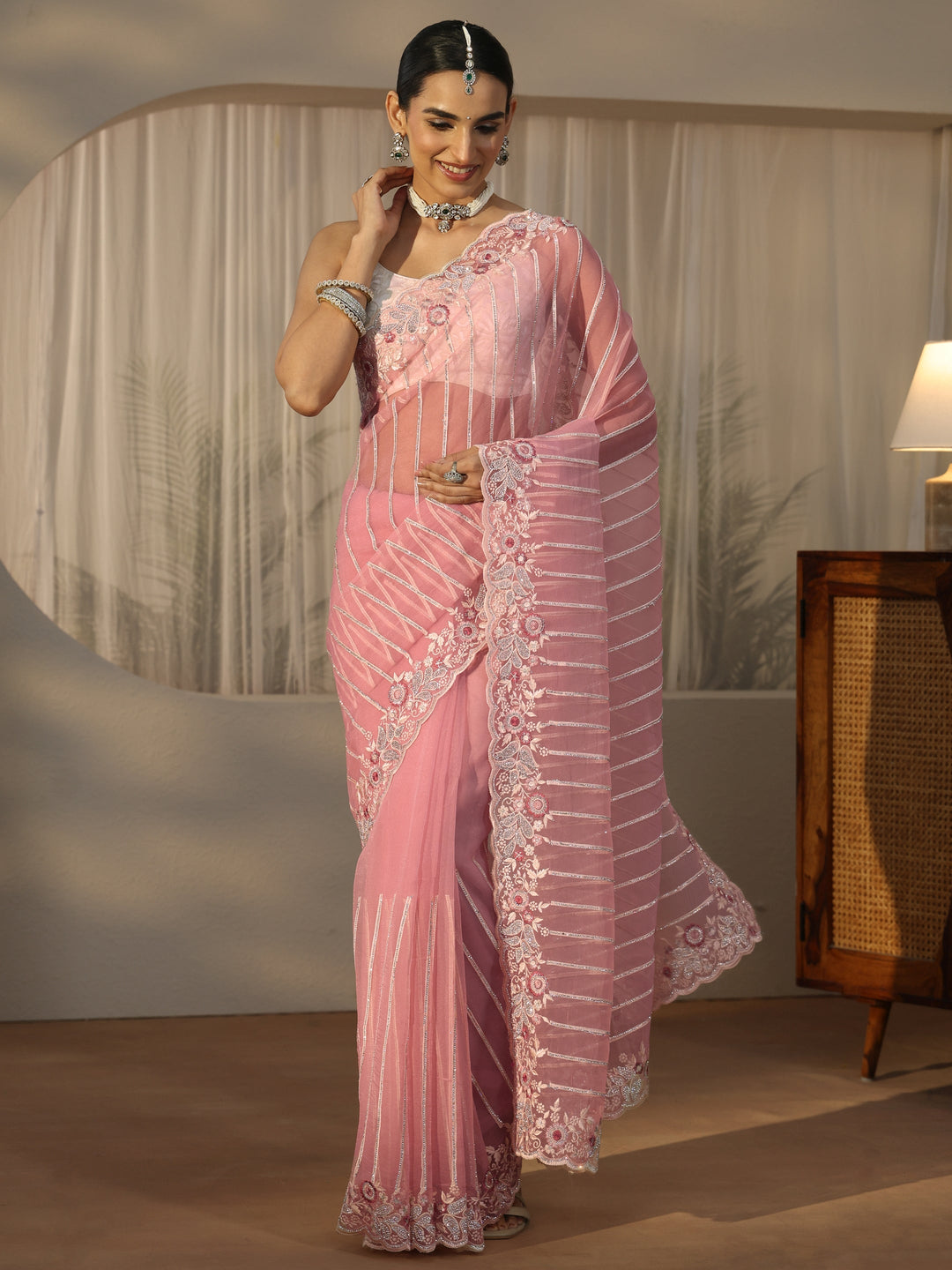  Libas Art Pink Striped Tissue Saree with Embellished Border 