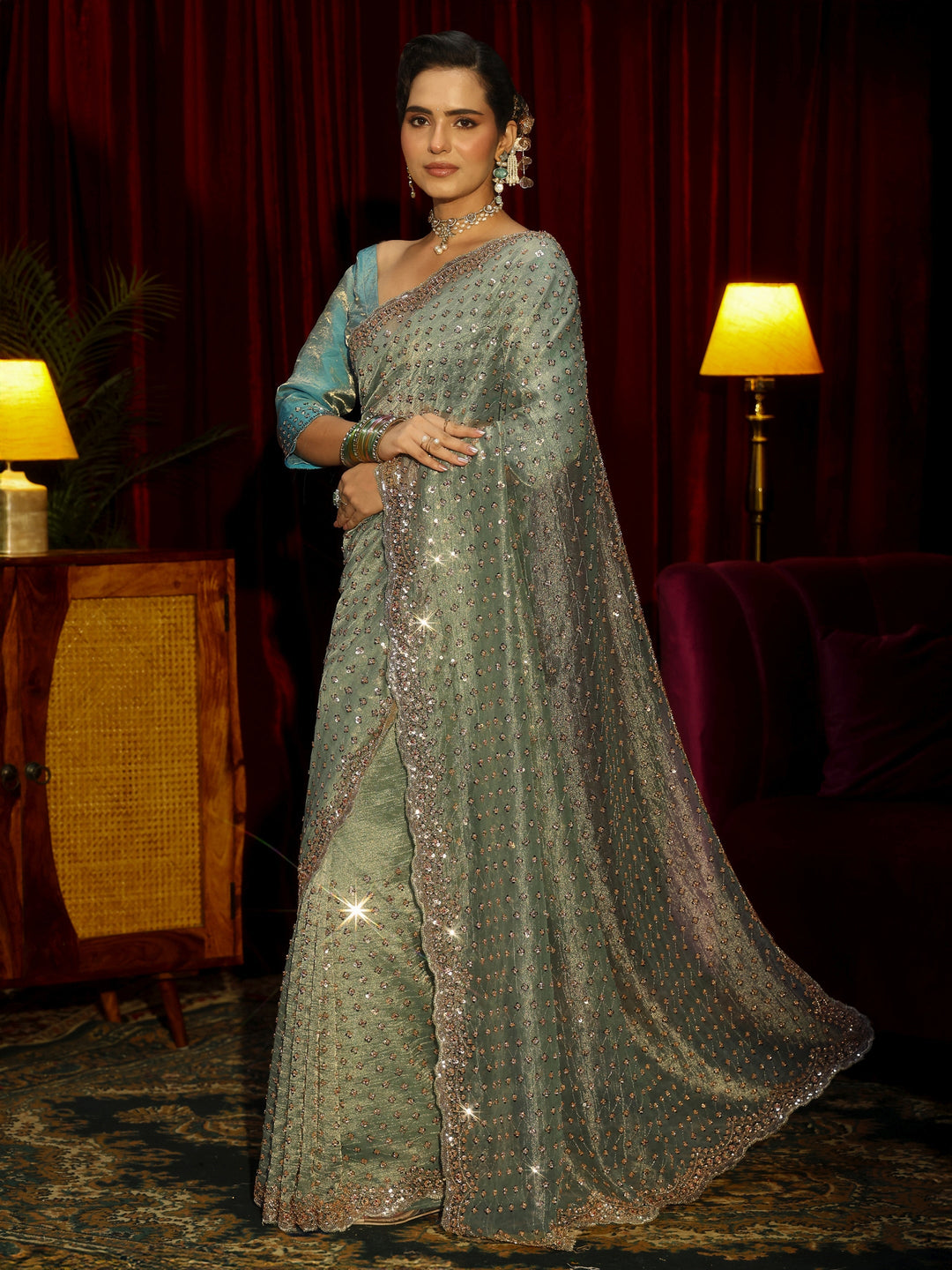  Libas Art Green Stone Work Embellished Tissue Saree 
