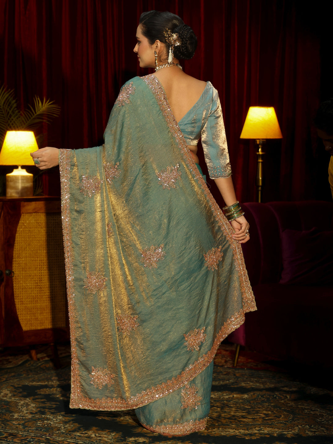  Libas Art Green Floral Embellished Tissue Saree 