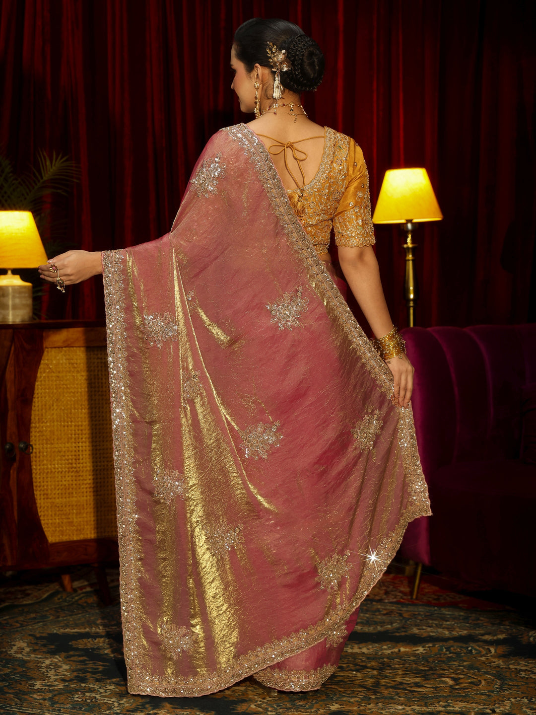  Libas Art Dusty Rose Pink Floral Embellished Tissue Saree 