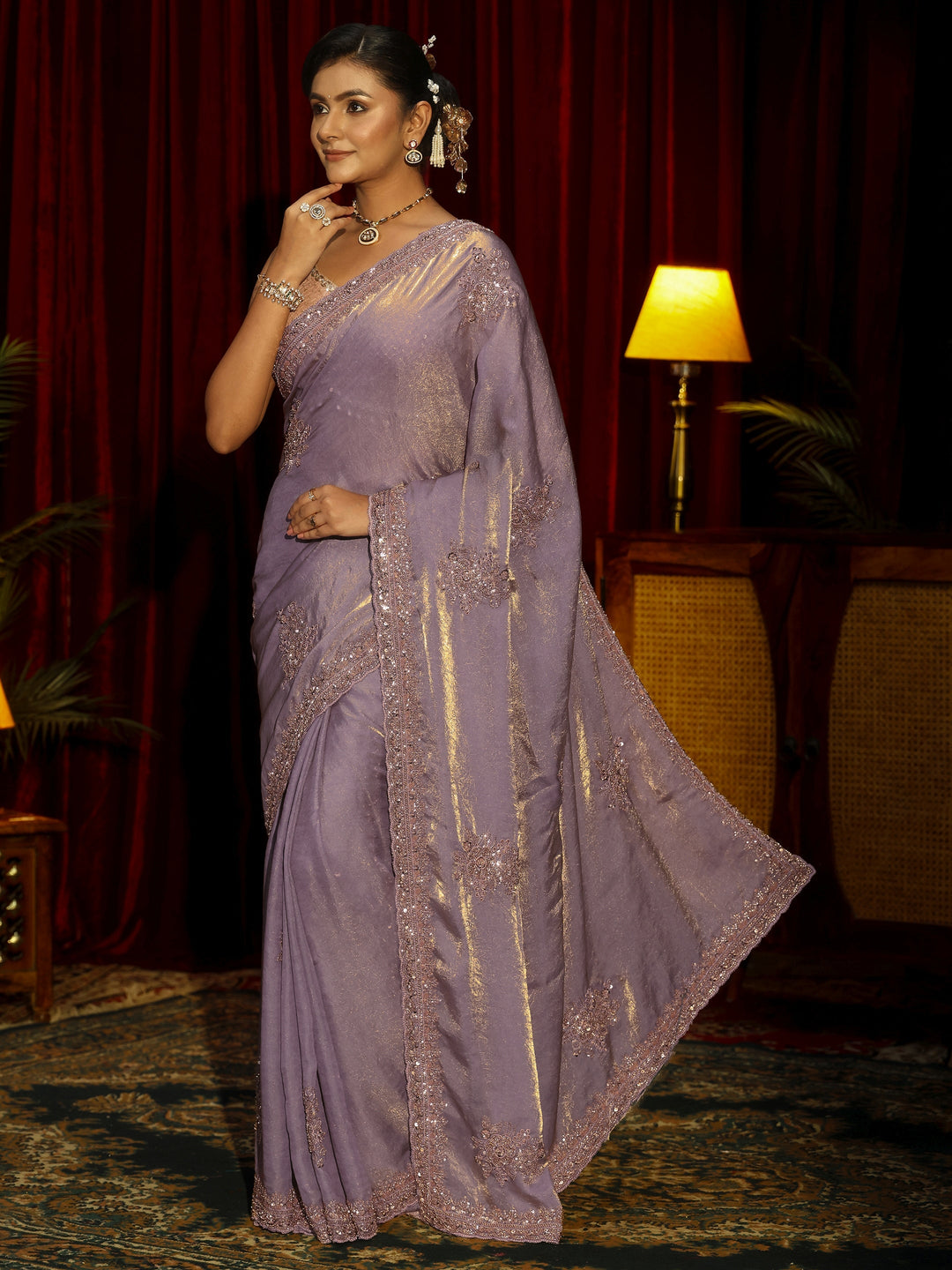  Libas Art Lavender Floral Embellished Tissue Saree 