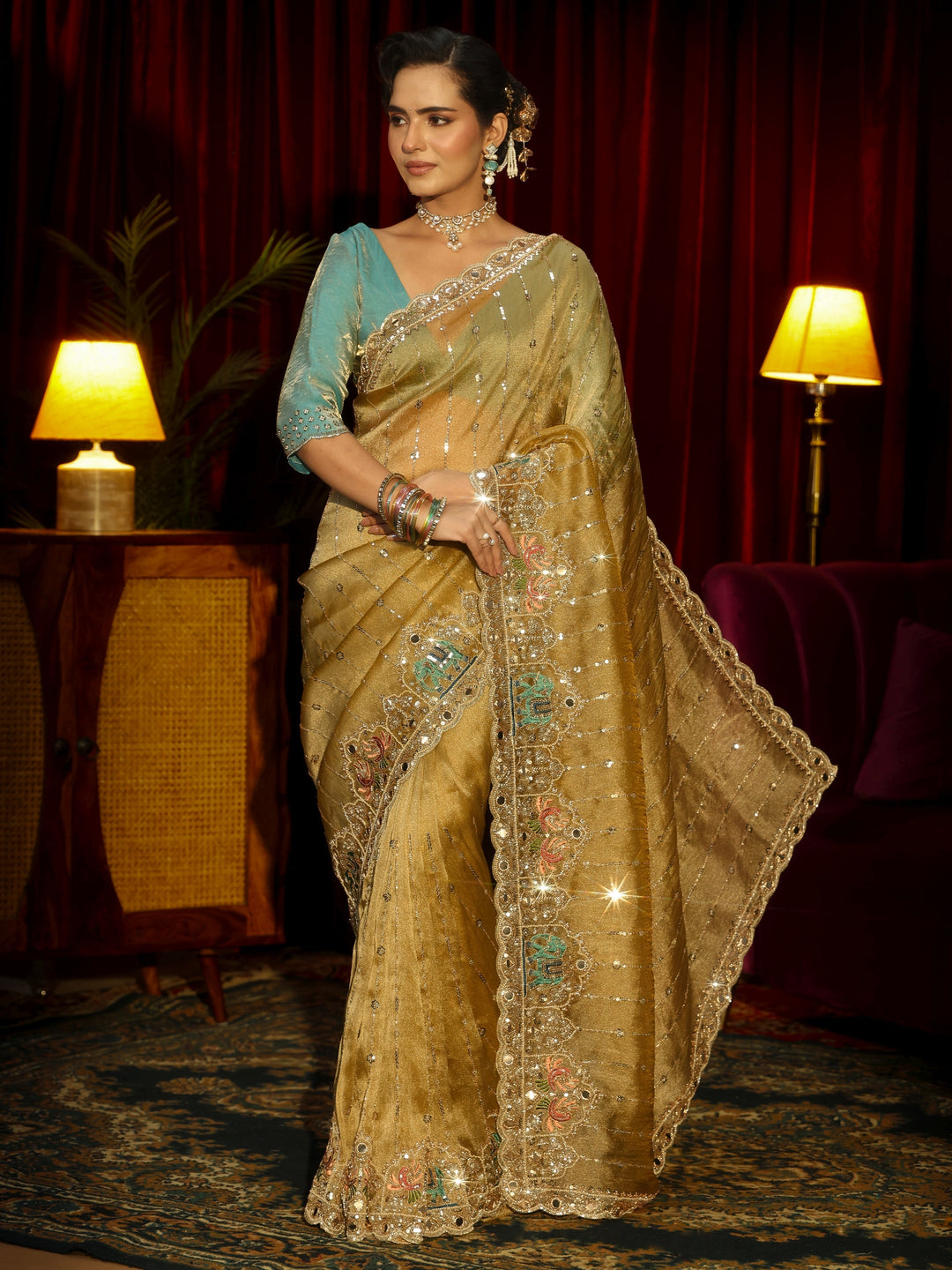  Libas Art Green Sequin Embellished Tissue Saree 
