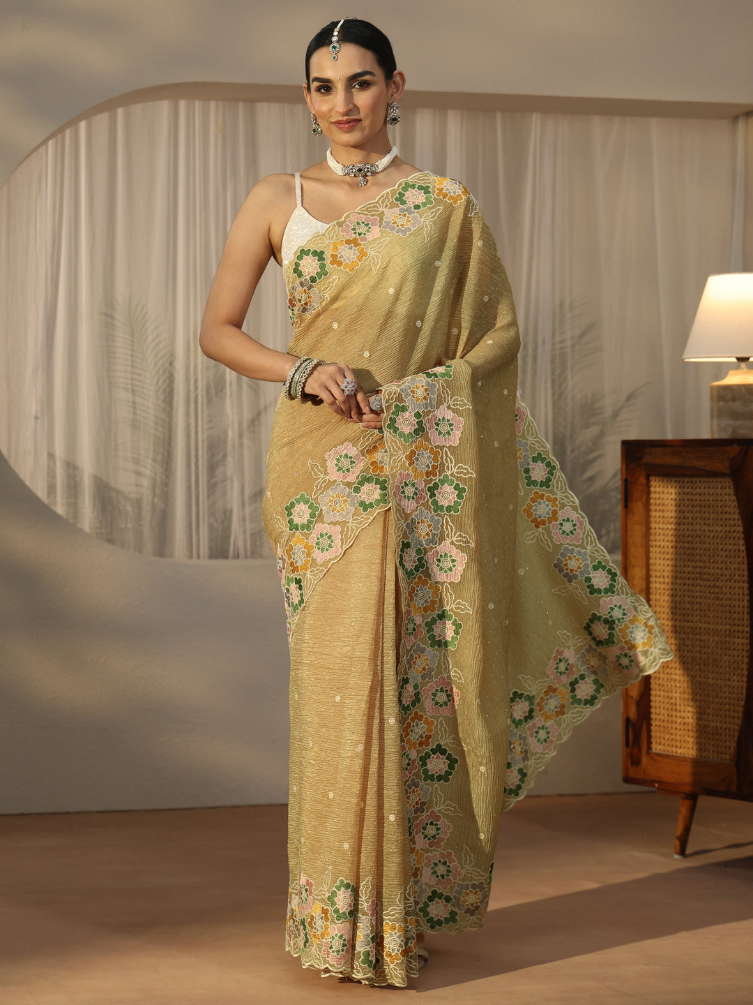  Libas Mustard Floral Embroidered Organza Saree 