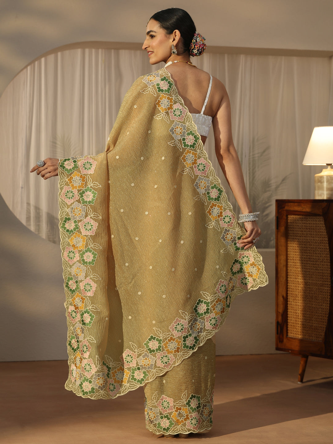  Libas Mustard Floral Embroidered Organza Saree 