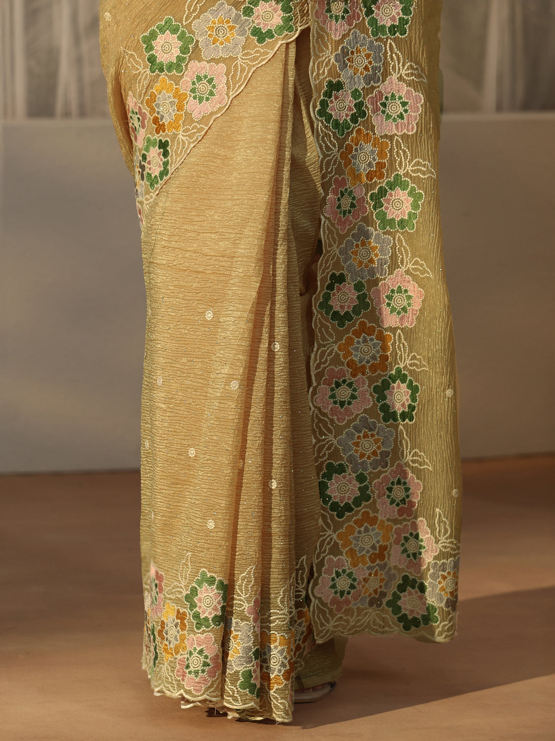  Libas Mustard Floral Embroidered Organza Saree 