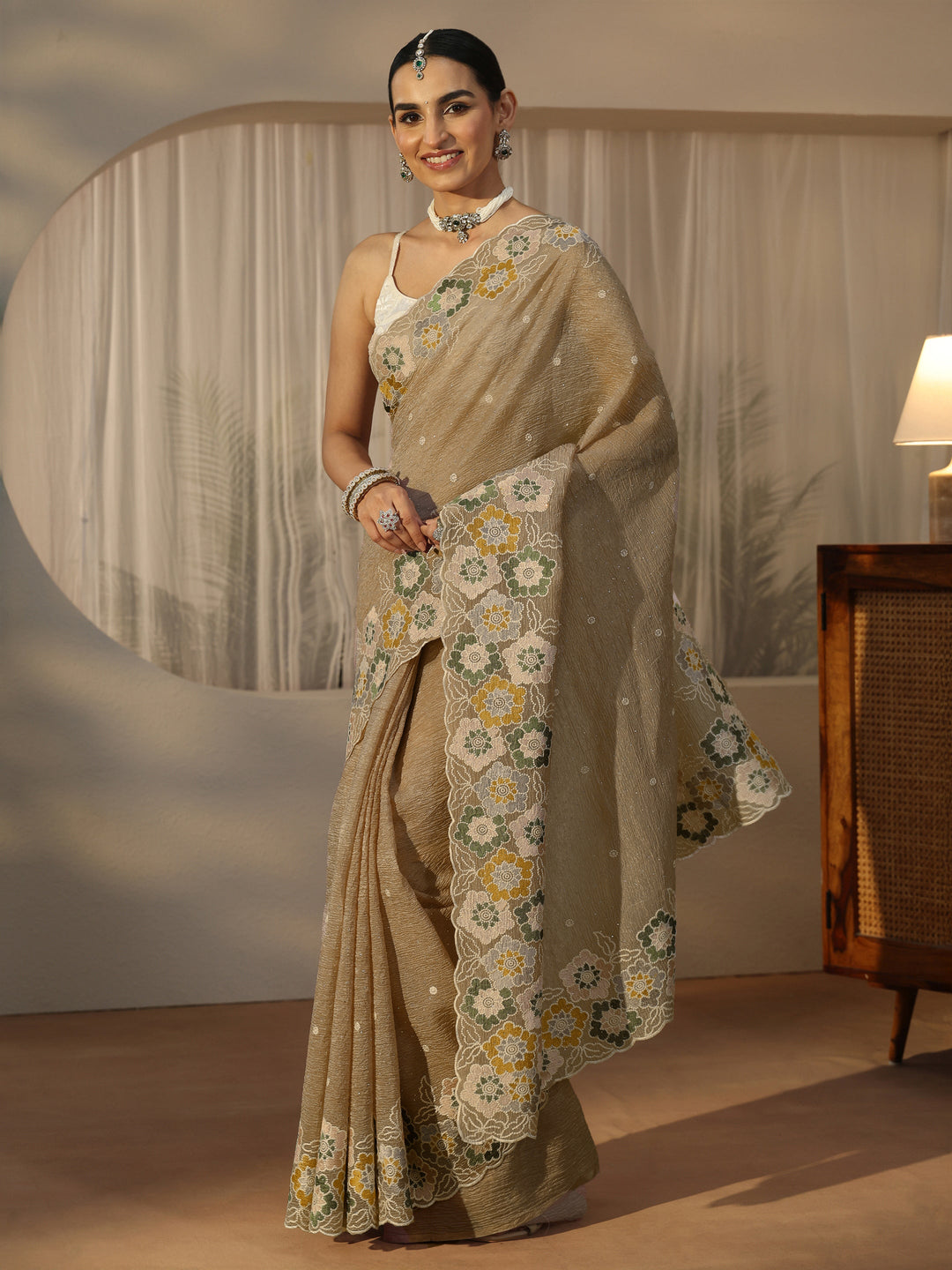  Libas Peach Floral Stone Work Embroidered saree 