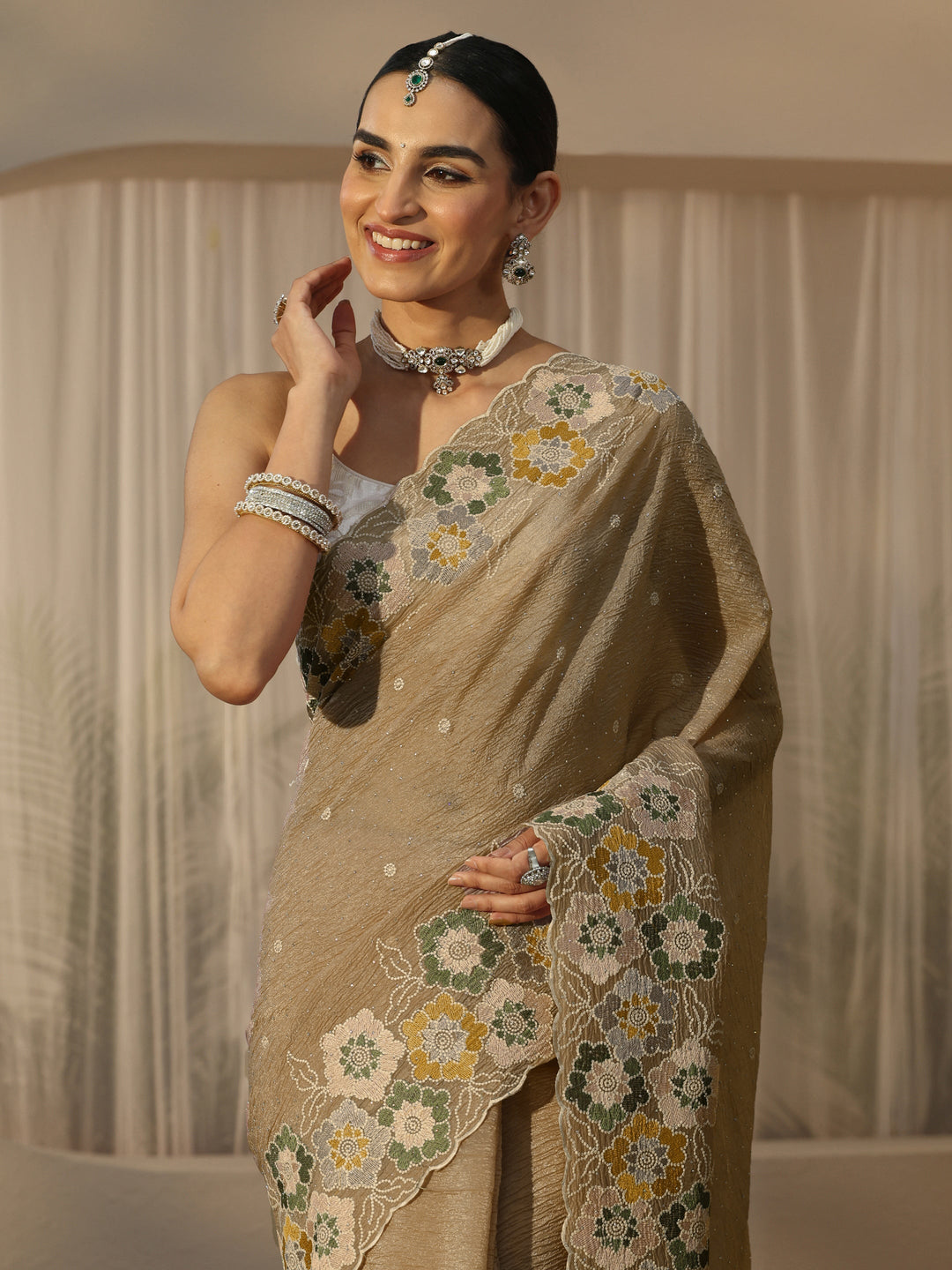  Libas Peach Floral Stone Work Embroidered saree 