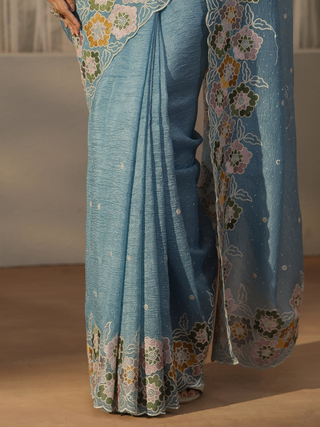  Libas Slate Blue Floral Embroidered Organza Saree 