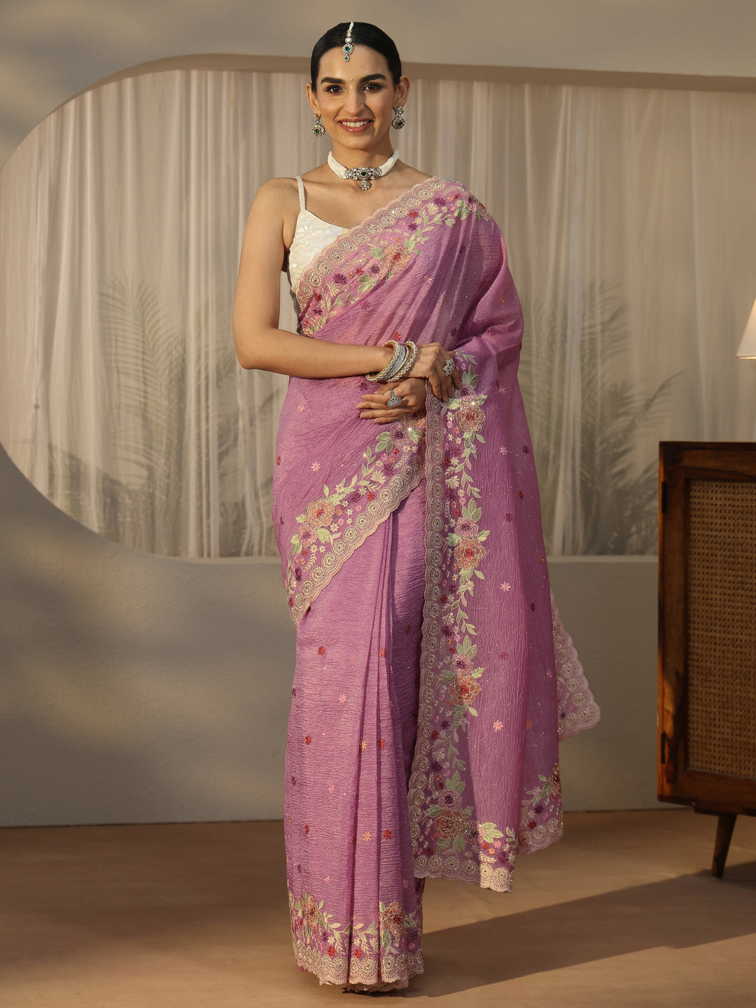  Libas Art Pink Floral Embroidered Tissue Saree 