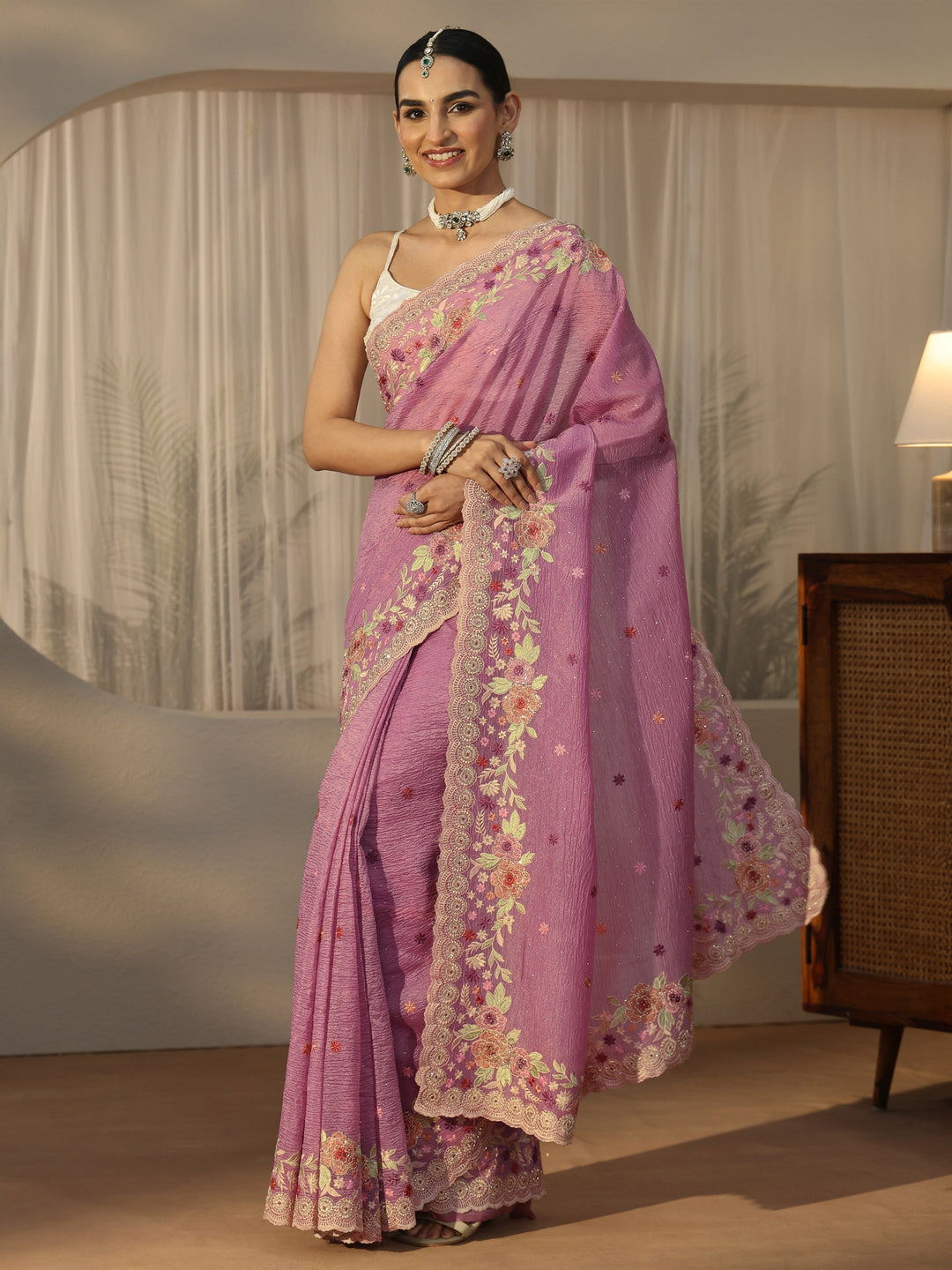  Libas Art Pink Floral Embroidered Tissue Saree 