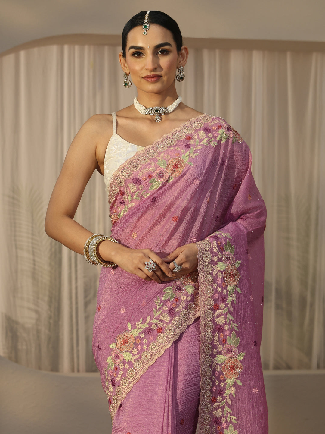  Libas Art Pink Floral Embroidered Tissue Saree 