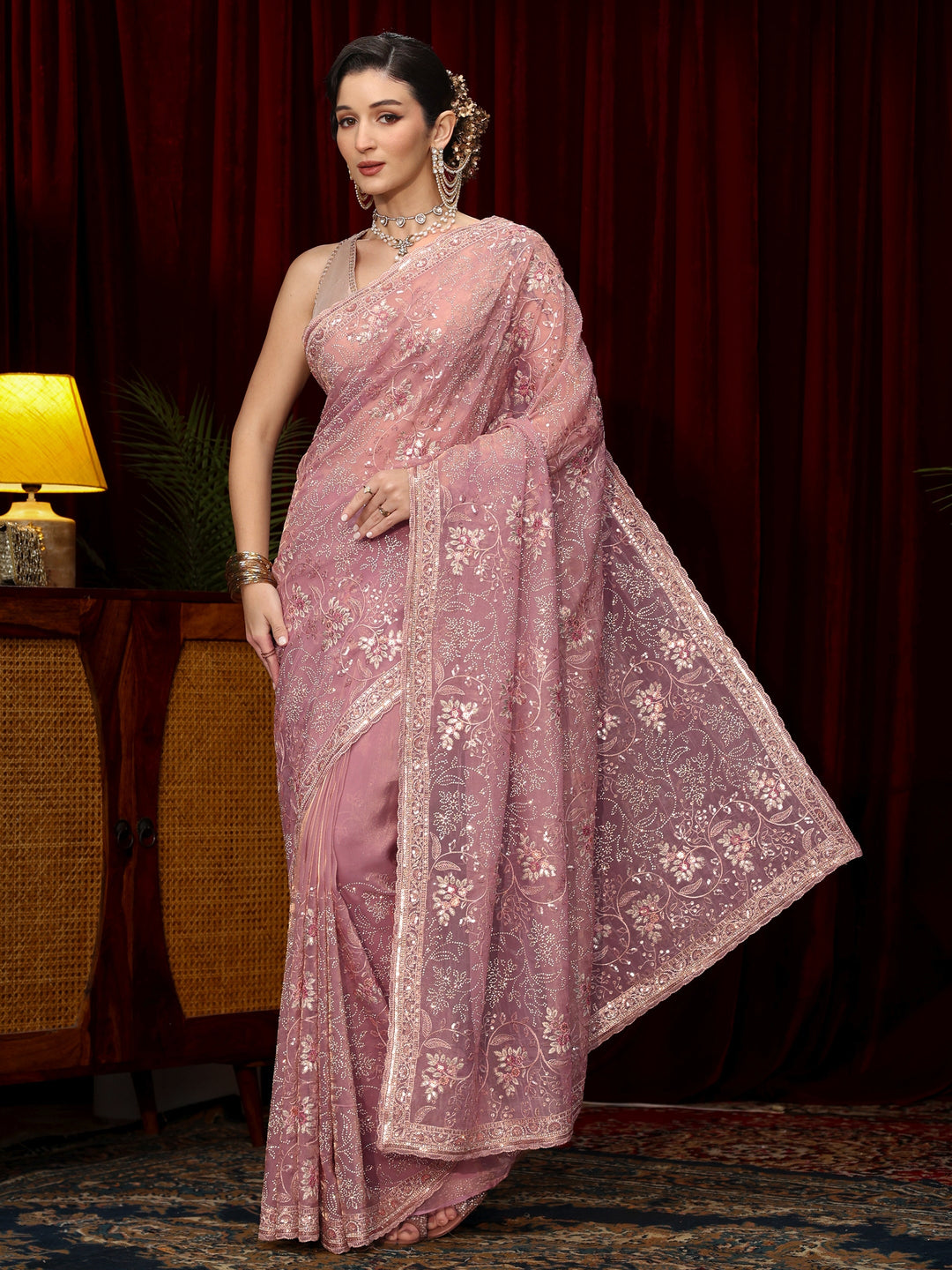  Libas Art Lavender Floral Sequin Embellished Tissue Saree 