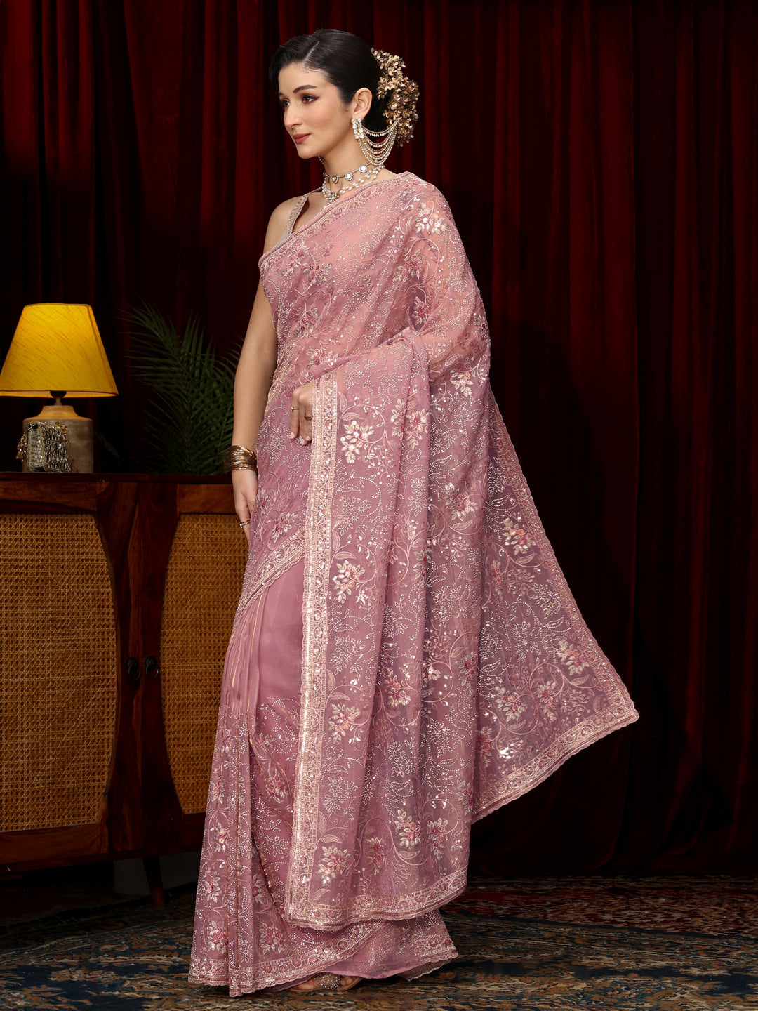  Libas Art Lavender Floral Sequin Embellished Tissue Saree 