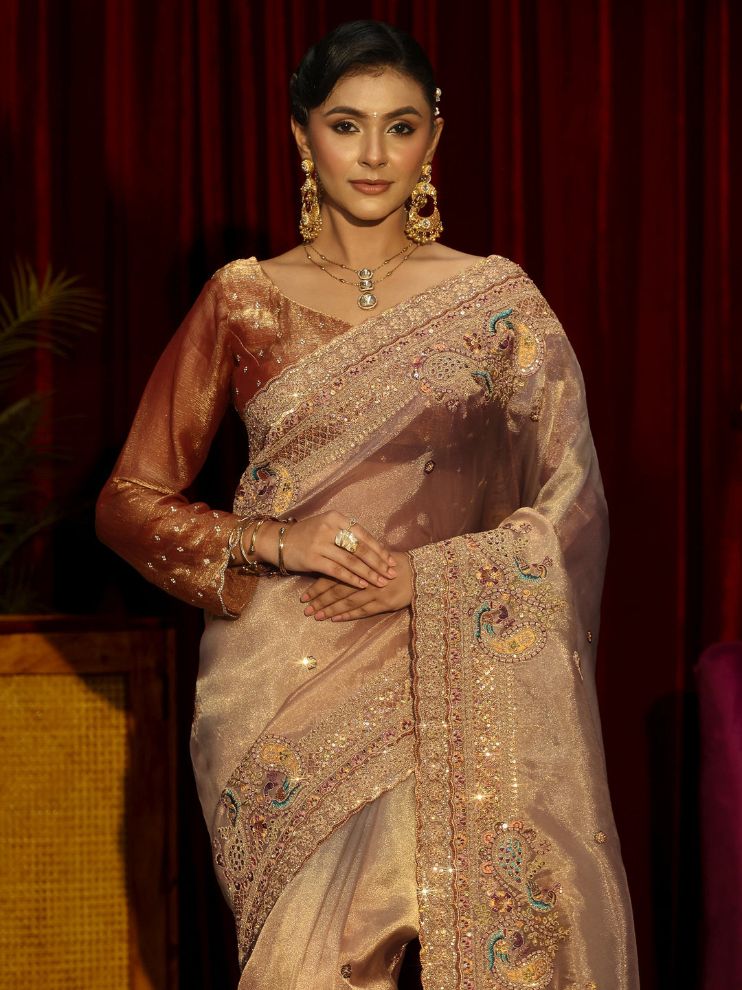  Libas Art Beige Sequin Embellished Tissue Saree 