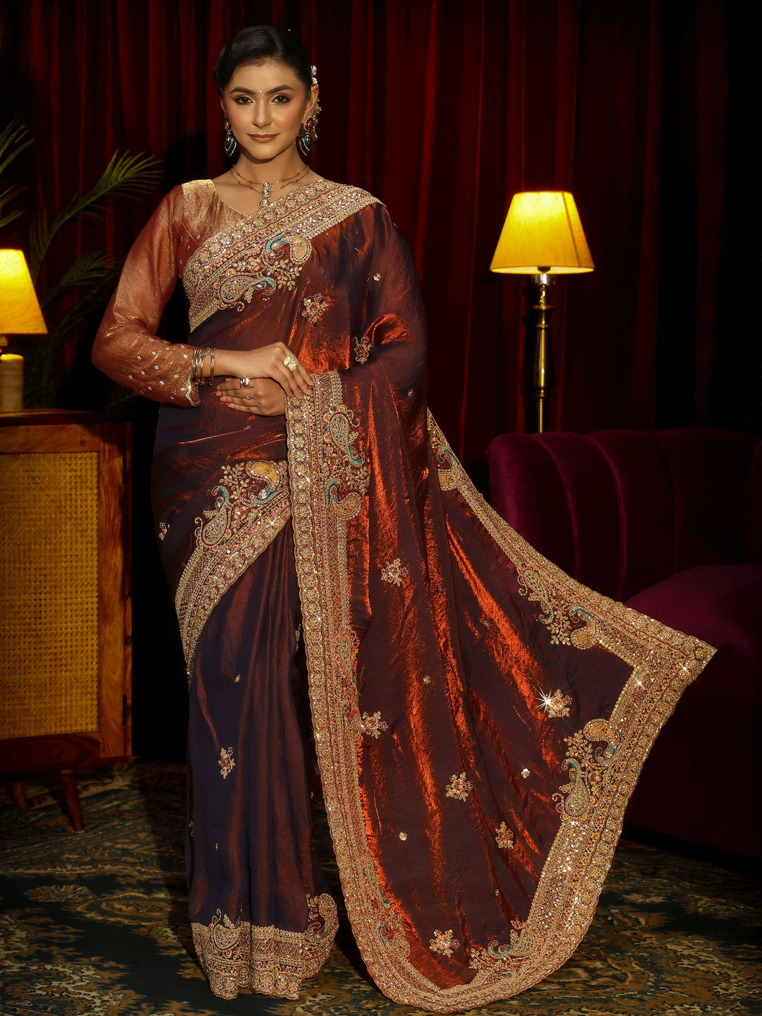  Libas Art Rust Brown Sequin Tissue Saree with Embellished Border 
