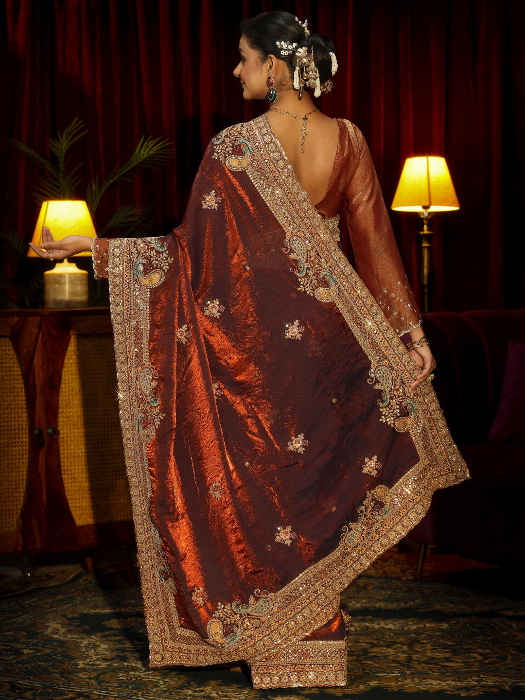  Libas Art Rust Brown Sequin Tissue Saree with Embellished Border 