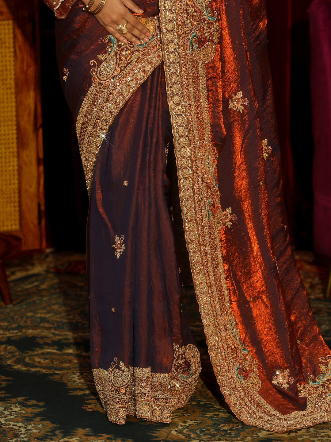  Libas Art Rust Brown Sequin Tissue Saree with Embellished Border 