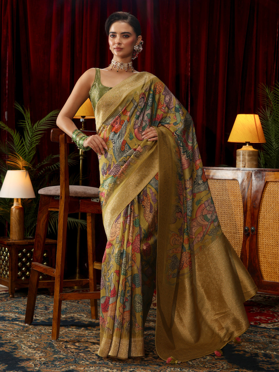 Libas Art Mustard Kalamkari Printed Silk Blend Saree