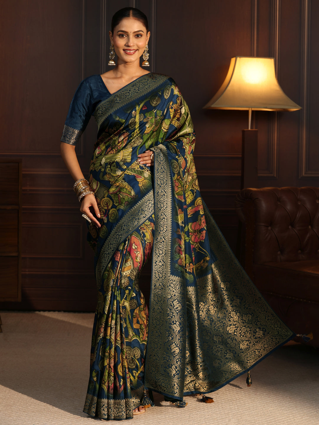  Libas Art Navy Blue Kalamkari Print Silk Blend Tassel Saree 