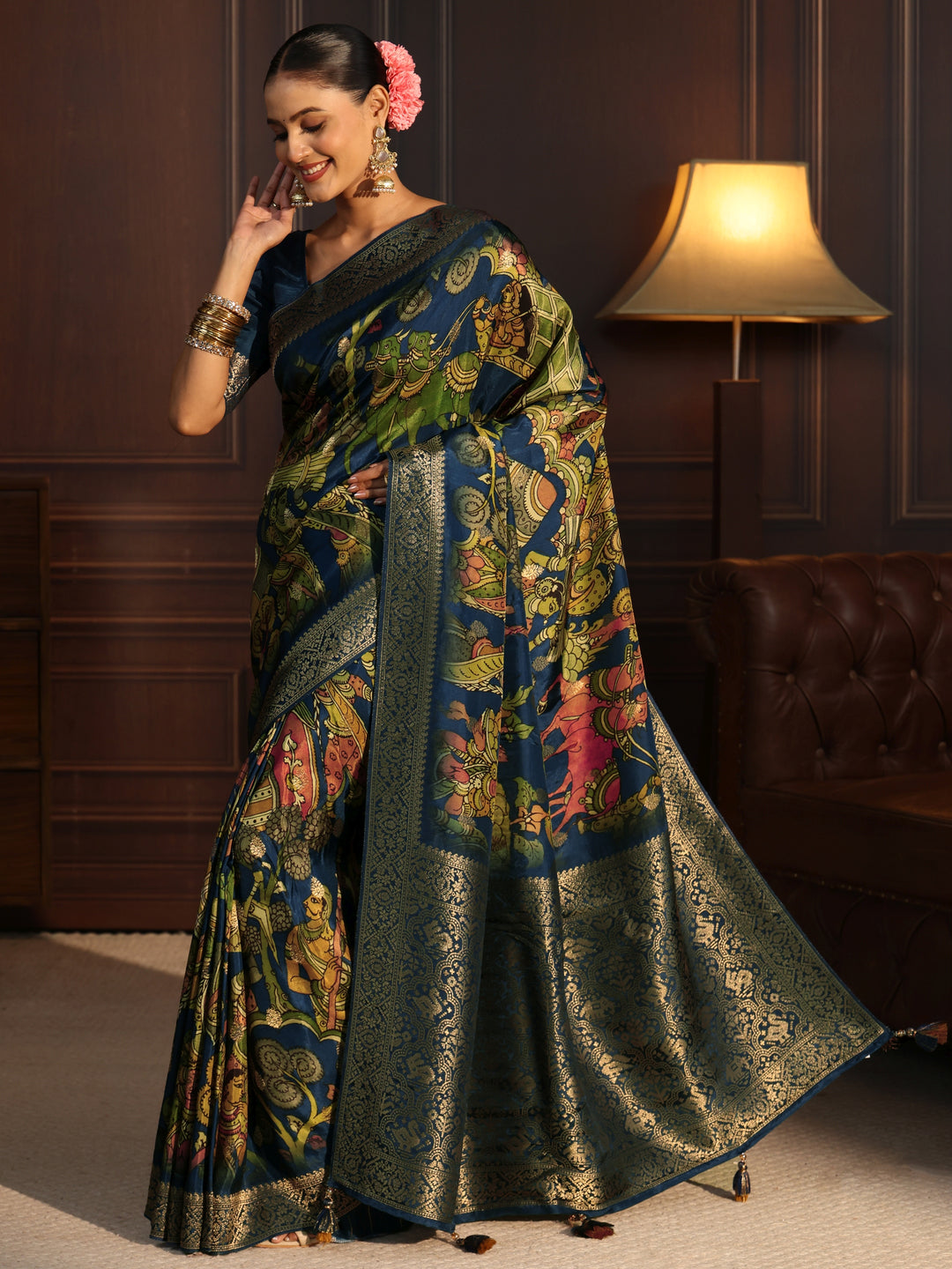  Libas Art Navy Blue Kalamkari Print Silk Blend Tassel Saree 