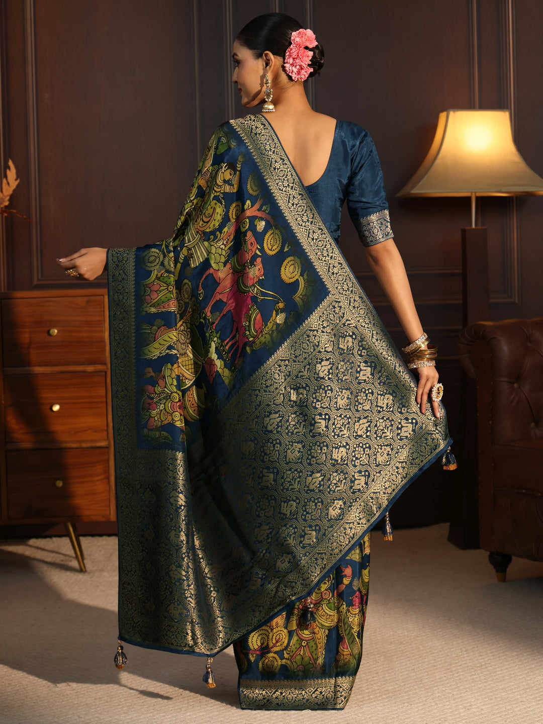  Libas Art Navy Blue Kalamkari Print Silk Blend Tassel Saree 