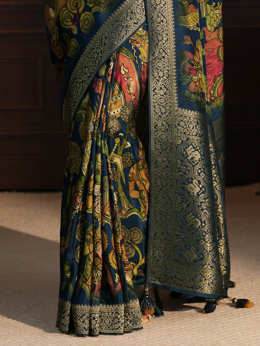  Libas Art Navy Blue Kalamkari Print Silk Blend Tassel Saree 