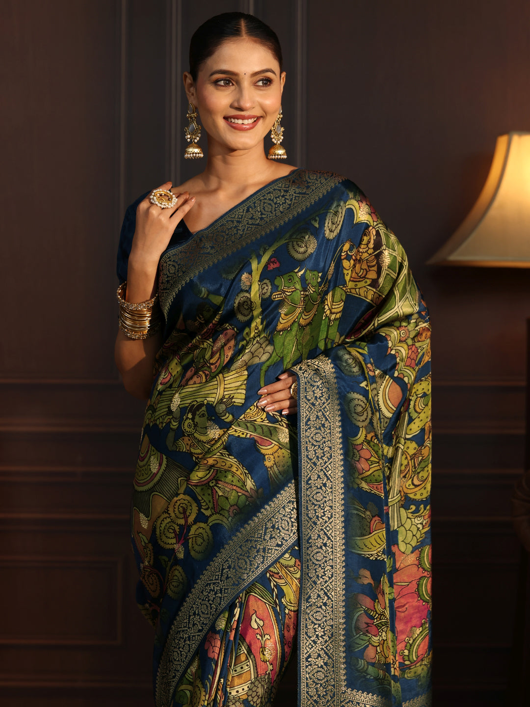  Libas Art Navy Blue Kalamkari Print Silk Blend Tassel Saree 