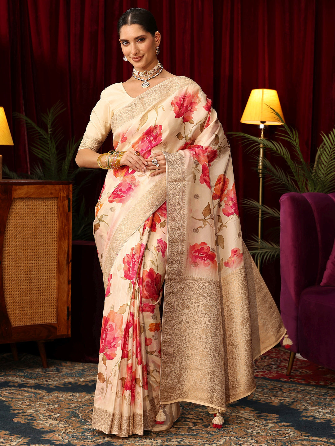 Libas Art Cream Floral Printed Silk Blend Saree with Woven Design Border 
